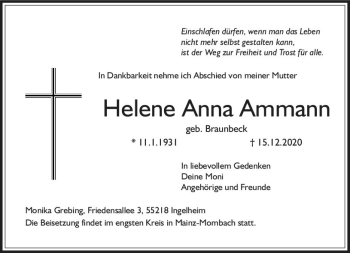 Traueranzeige von Helene Anna Ammann von vrm-trauer