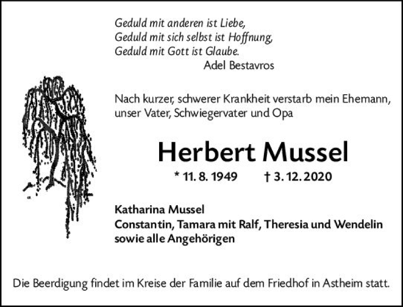  Traueranzeige für Herbert Mussel vom 05.12.2020 aus vrm-trauer