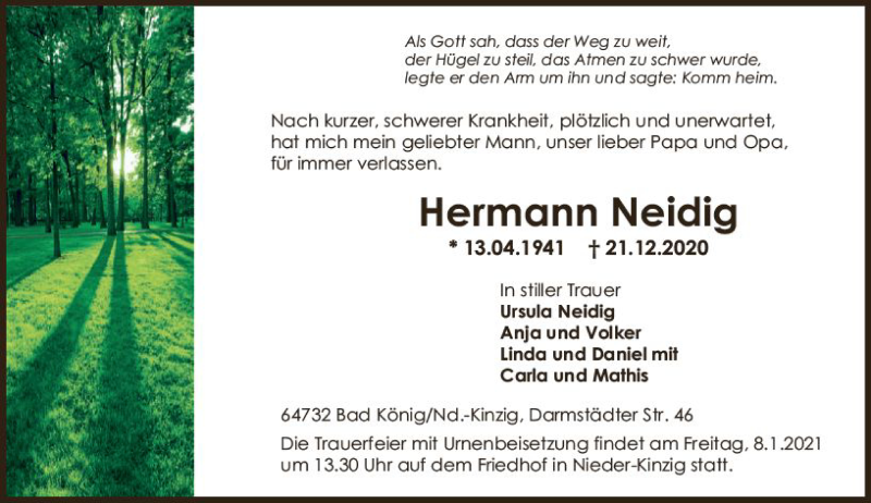  Traueranzeige für Hermann Neidig vom 31.12.2020 aus vrm-trauer