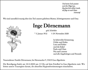 Traueranzeige von Inge Dörnemann von vrm-trauer