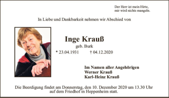 Traueranzeige von Inge Krauß von vrm-trauer
