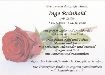Traueranzeige von Inge Reinhold von vrm-trauer