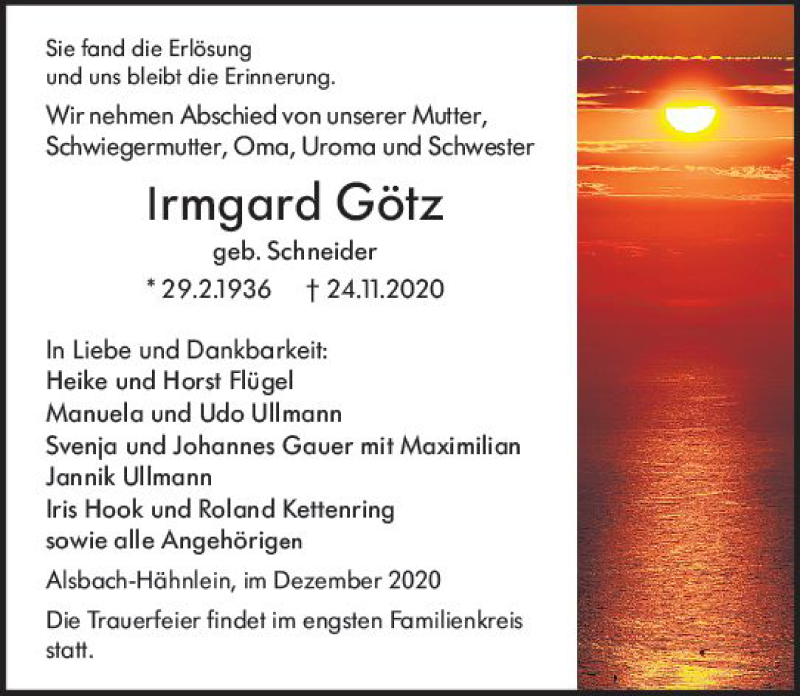  Traueranzeige für Irmgard Götz vom 05.12.2020 aus vrm-trauer