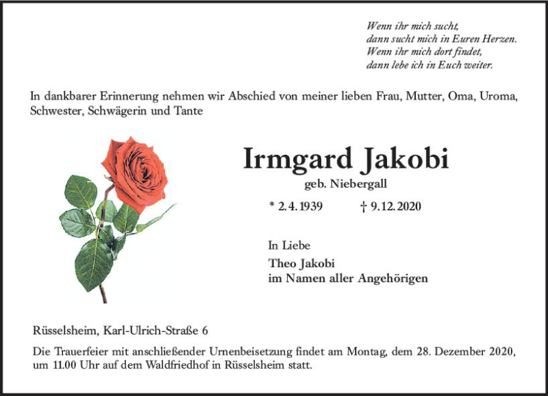  Traueranzeige für Irmgard Jakobi vom 19.12.2020 aus vrm-trauer