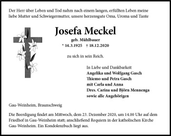 Traueranzeige von Josefa Meckel von vrm-trauer