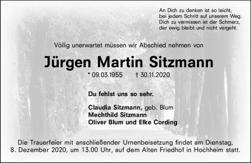  Traueranzeige für Jürgen Martin Sitzmann vom 04.12.2020 aus vrm-trauer