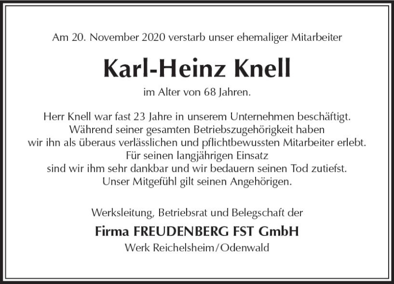  Traueranzeige für Karl-Heinz Knell vom 12.12.2020 aus vrm-trauer