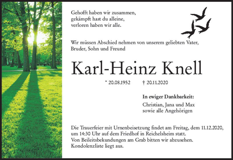  Traueranzeige für Karl-Heinz Knell vom 05.12.2020 aus vrm-trauer