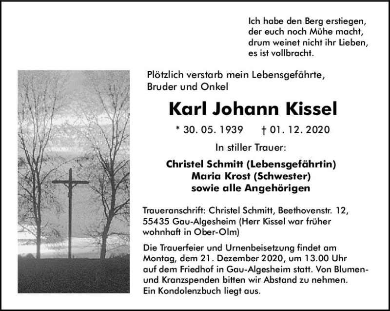  Traueranzeige für Karl Johann Kissel vom 05.12.2020 aus vrm-trauer