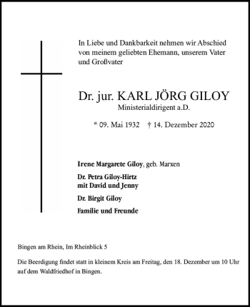 Traueranzeige von Karl Jörg Giloy von vrm-trauer