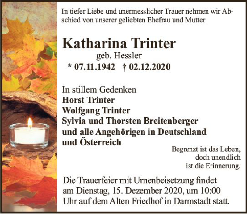  Traueranzeige für Katharina Trinter vom 12.12.2020 aus vrm-trauer