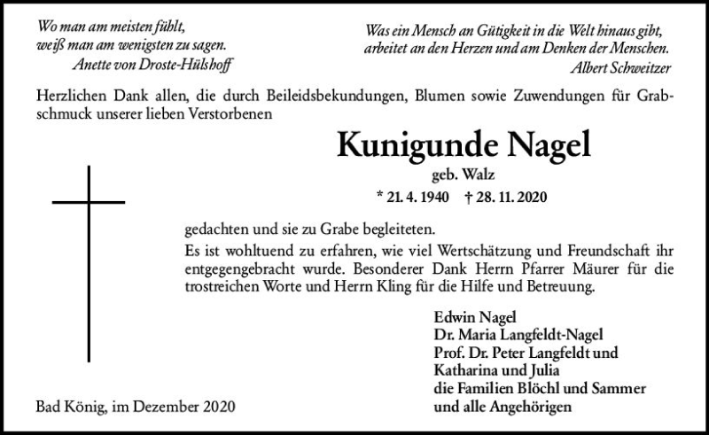  Traueranzeige für Kunigunde Nagel vom 23.12.2020 aus vrm-trauer