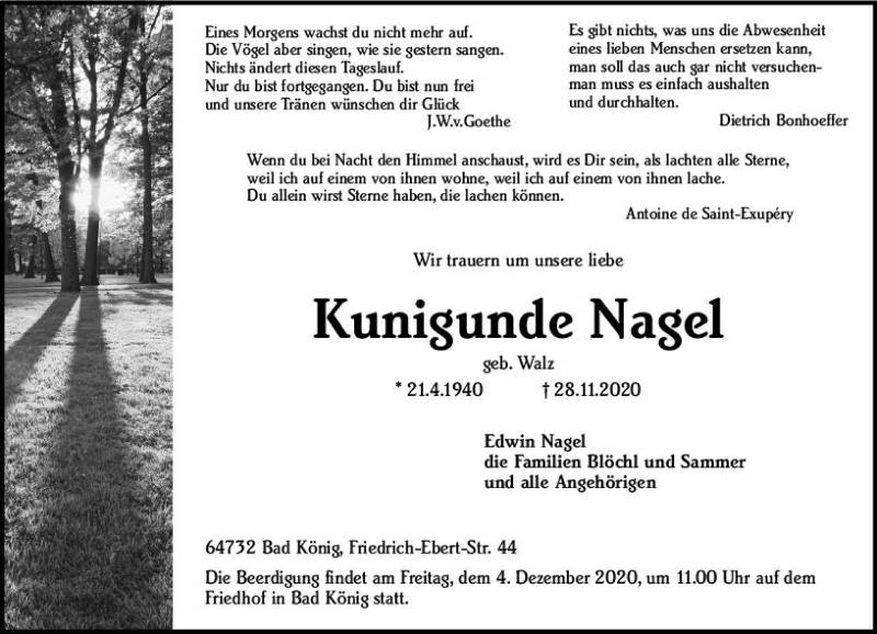  Traueranzeige für Kunigunde Nagel vom 02.12.2020 aus vrm-trauer