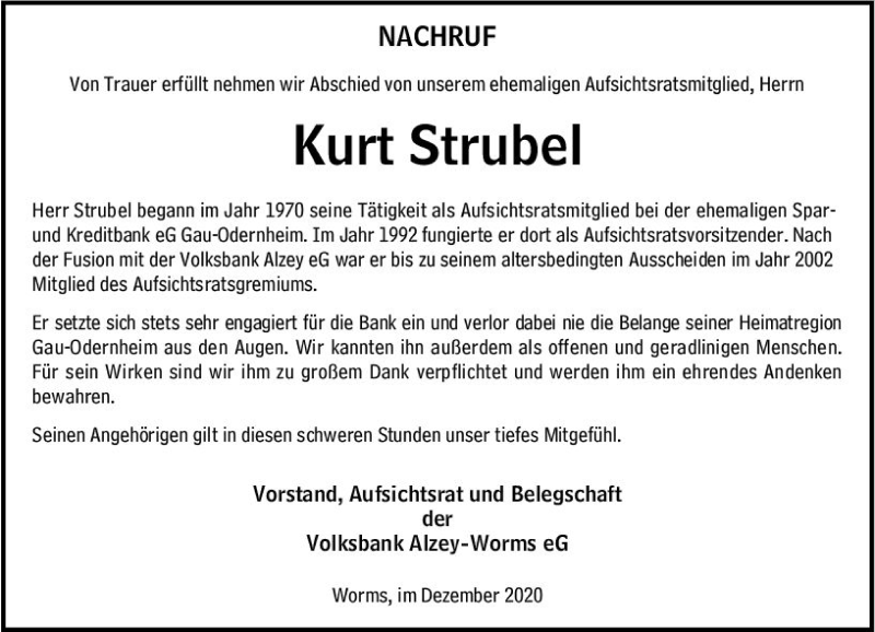  Traueranzeige für Kurt Strubel vom 18.12.2020 aus vrm-trauer
