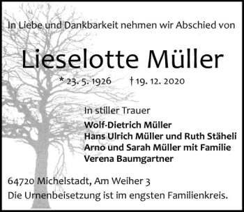 Traueranzeige von Lieselotte Müller von vrm-trauer