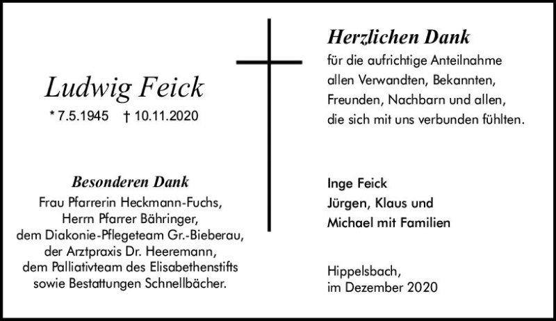  Traueranzeige für Ludwig Feick vom 05.12.2020 aus vrm-trauer