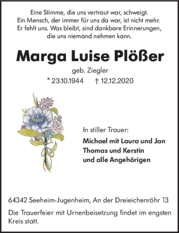 Traueranzeige von Marge Luise Plößer von vrm-trauer
