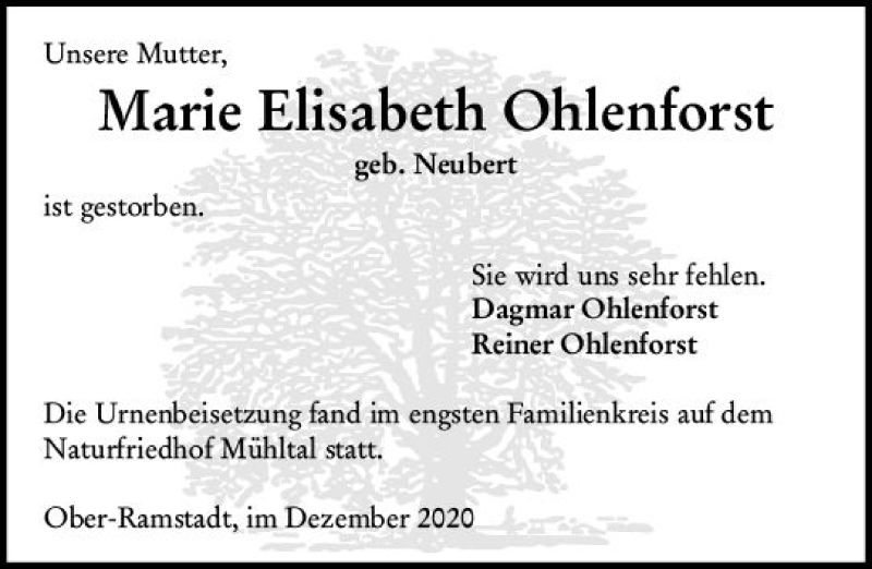  Traueranzeige für Marie Elisabeth Ohlenforst vom 12.12.2020 aus vrm-trauer