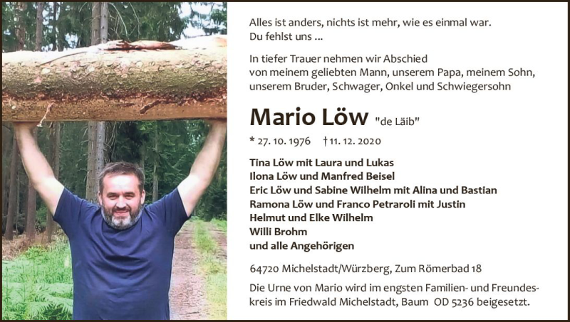  Traueranzeige für Mario Löw vom 19.12.2020 aus vrm-trauer