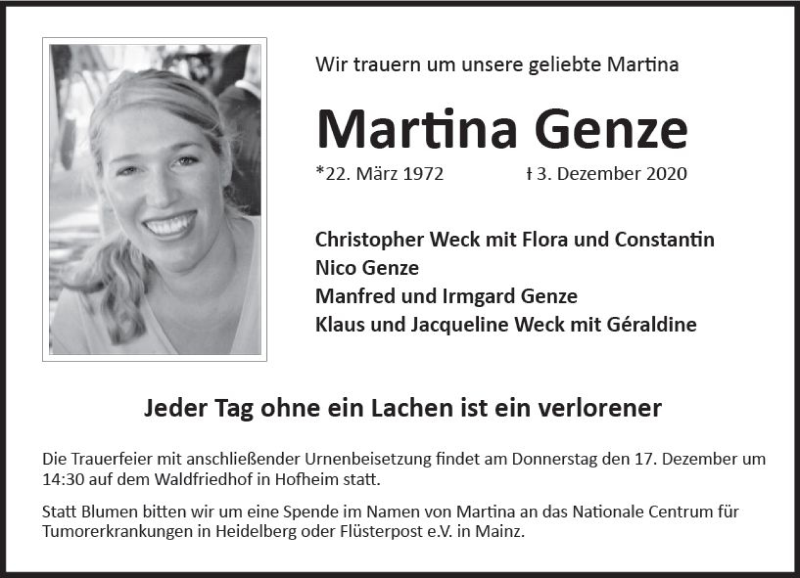  Traueranzeige für Martina Genze vom 11.12.2020 aus vrm-trauer