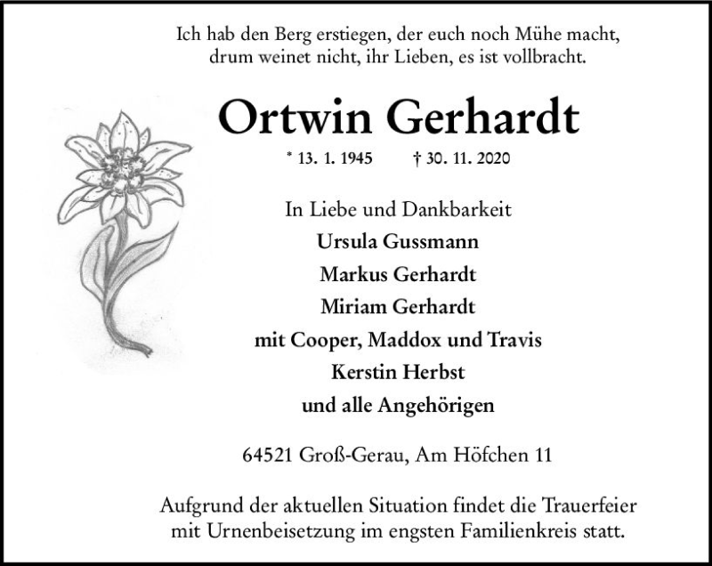  Traueranzeige für Ortwin Gerhardt vom 12.12.2020 aus vrm-trauer