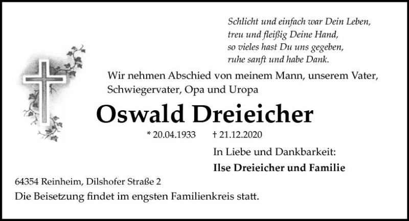  Traueranzeige für Oswald Dreieicher vom 24.12.2020 aus vrm-trauer