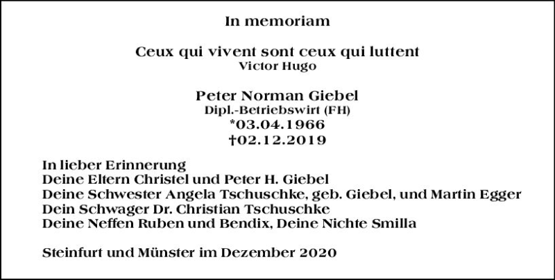  Traueranzeige für Peter Norman Giebel vom 02.12.2020 aus vrm-trauer