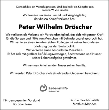 Traueranzeige von Peter Wilhelm Dröscher von vrm-trauer