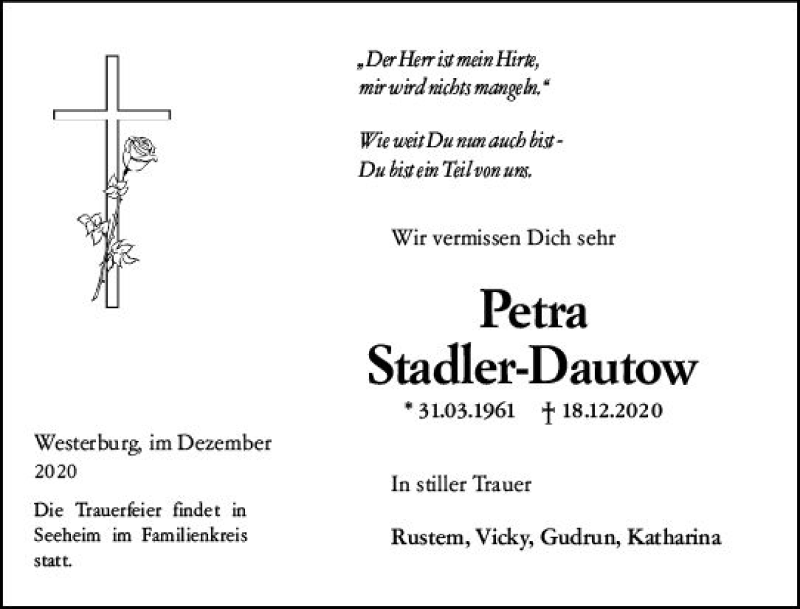  Traueranzeige für Petra Stadler-Dautow vom 30.12.2020 aus vrm-trauer