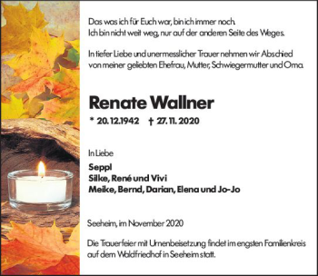 Traueranzeige von Renate Wallner von vrm-trauer