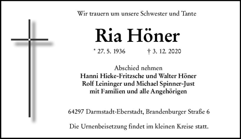  Traueranzeige für Ria Höner vom 12.12.2020 aus vrm-trauer