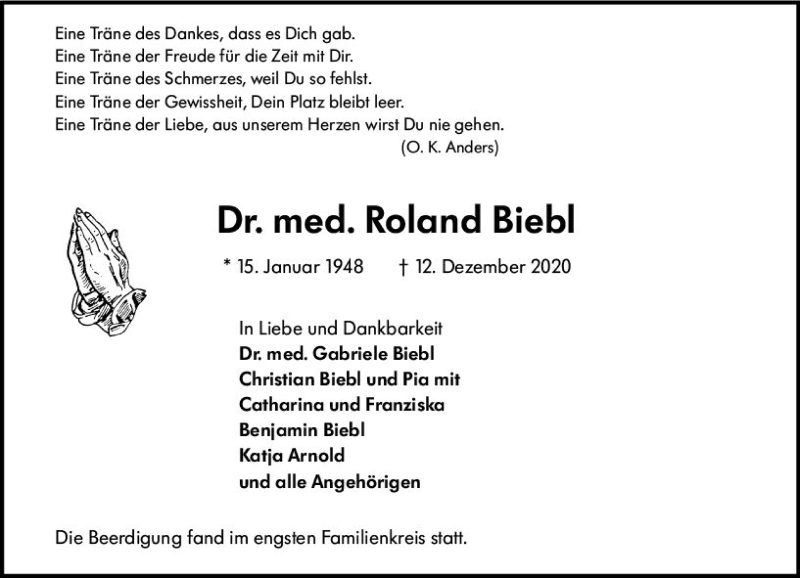  Traueranzeige für Roland Biebl vom 30.12.2020 aus vrm-trauer
