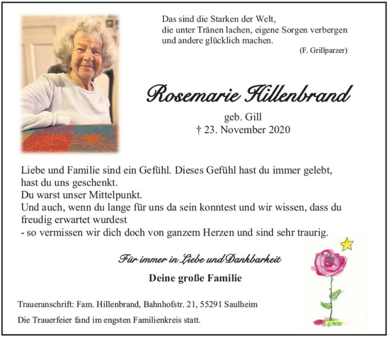  Traueranzeige für Rosemarie Hillenbrand vom 05.12.2020 aus vrm-trauer