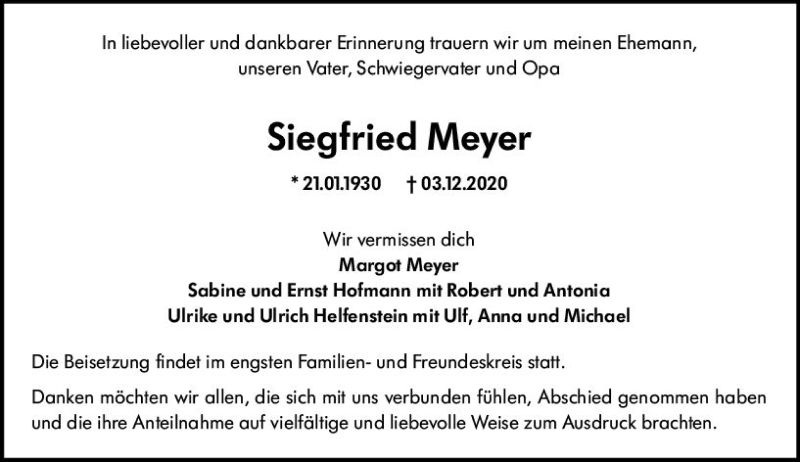  Traueranzeige für Siegfried Meyer vom 12.12.2020 aus vrm-trauer