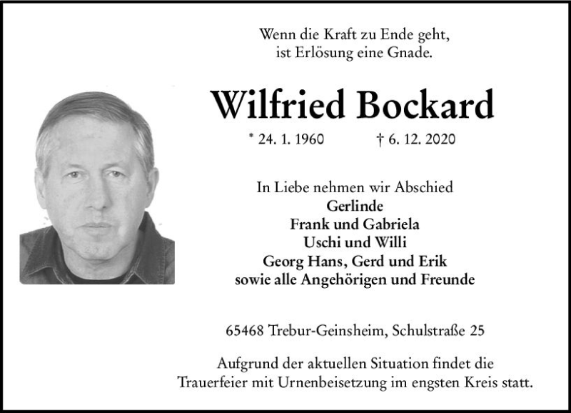  Traueranzeige für Wilfried Bockard vom 12.12.2020 aus vrm-trauer