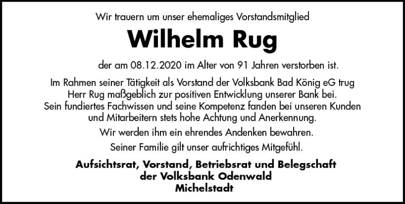  Traueranzeige für Wilhelm Rug vom 12.12.2020 aus vrm-trauer