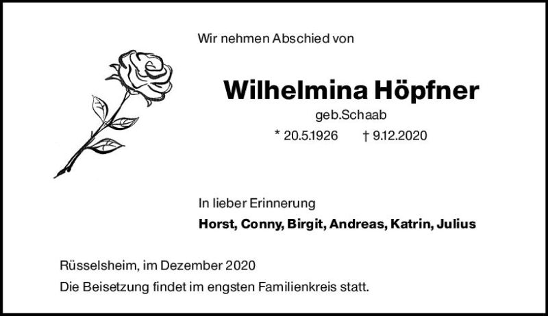  Traueranzeige für Wilhelmina Höpfner vom 12.12.2020 aus vrm-trauer