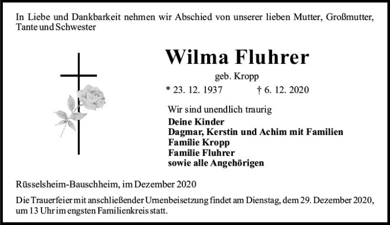  Traueranzeige für Wilma Fluhrer vom 12.12.2020 aus vrm-trauer