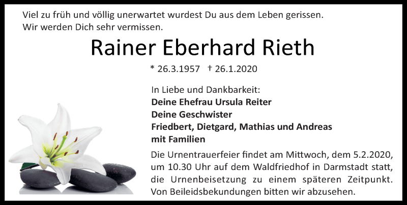  Traueranzeige für Rainer Eberhard Rieth vom 01.02.2020 aus VRM Tageszeitungen
