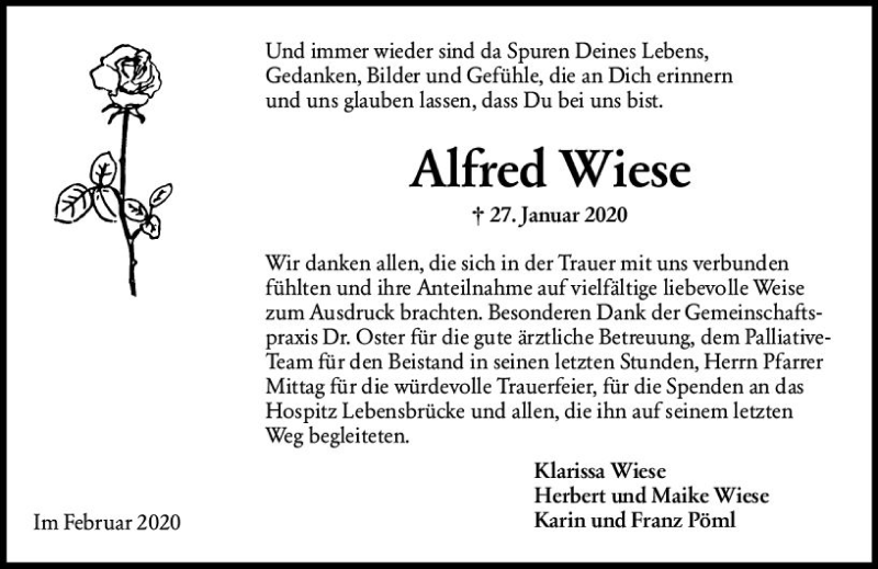  Traueranzeige für Alfred Wiese vom 14.02.2020 aus vrm-trauer