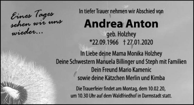  Traueranzeige für Andrea Anton vom 08.02.2020 aus vrm-trauer