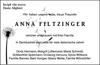 Traueranzeige von Anna Filtzinger von vrm-trauer