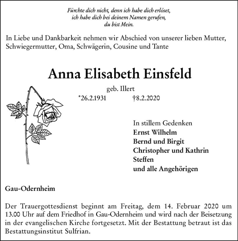  Traueranzeige für Anna Elisabeth Einsfeld vom 12.02.2020 aus vrm-trauer