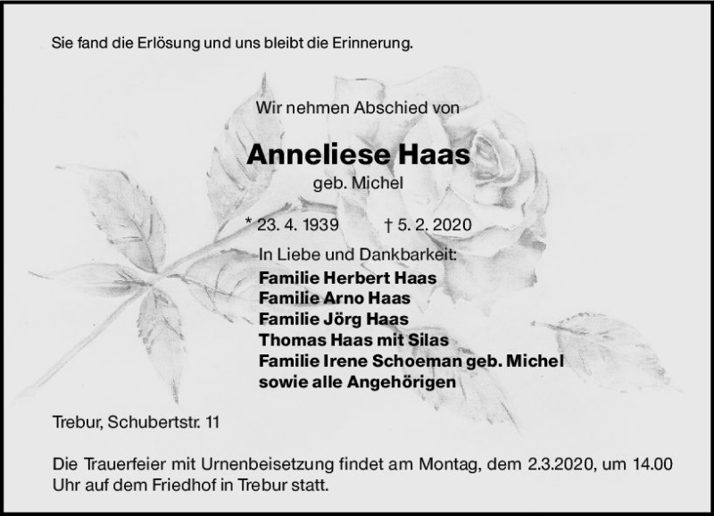  Traueranzeige für Anneliese Haas vom 26.02.2020 aus vrm-trauer
