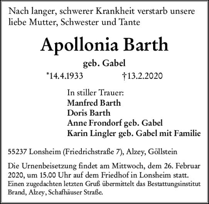 Traueranzeige für Apollonia Barth vom 18.02.2020 aus vrm-trauer