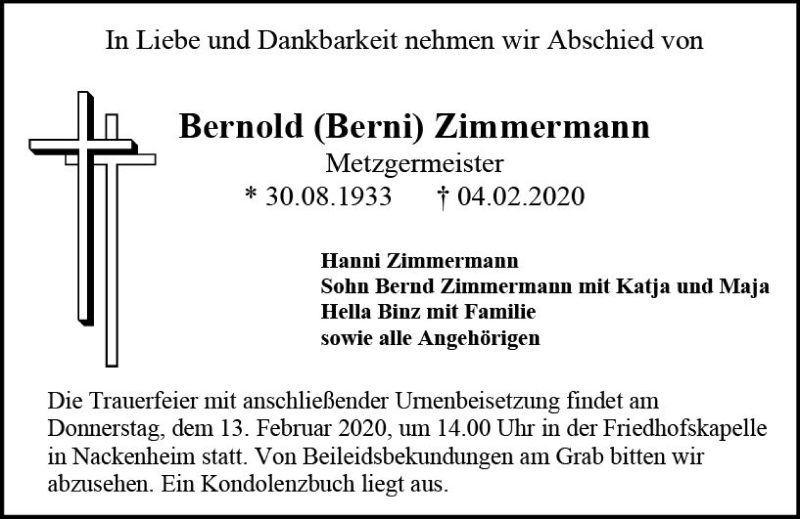  Traueranzeige für Bernold  Zimmermann vom 08.02.2020 aus vrm-trauer
