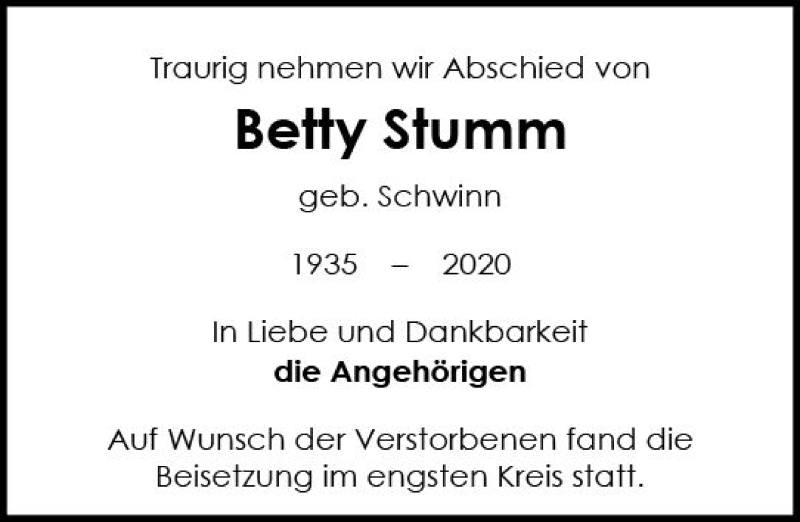  Traueranzeige für Betty Stumm vom 15.02.2020 aus vrm-trauer