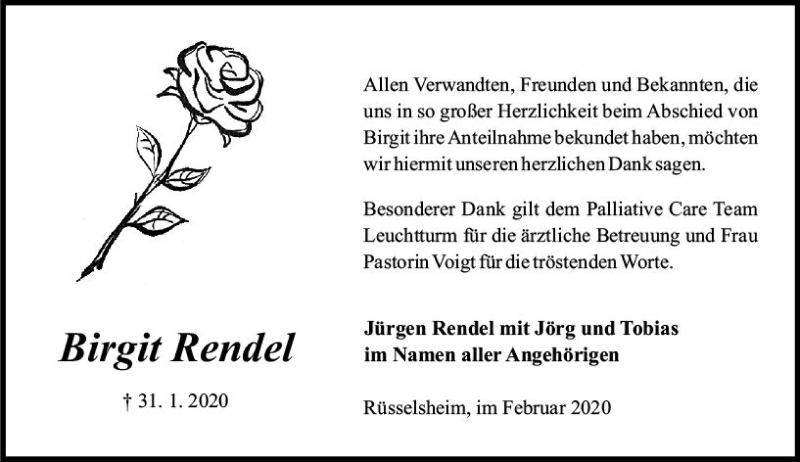 Traueranzeige für Birgit Rendel vom 29.02.2020 aus vrm-trauer
