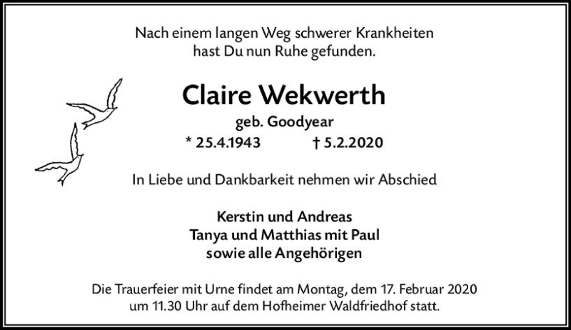  Traueranzeige für Claire Wekwerth vom 14.02.2020 aus vrm-trauer