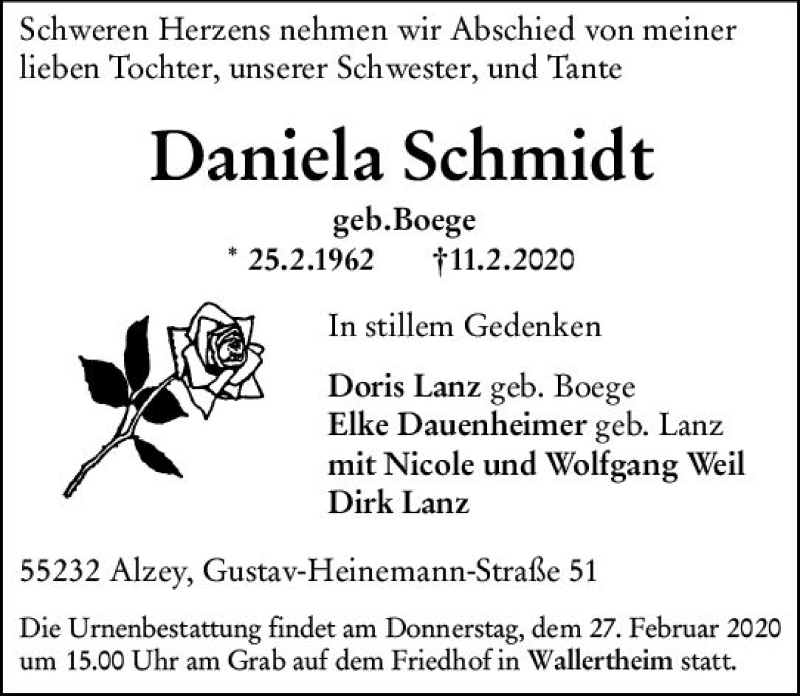  Traueranzeige für Daniela Schmidt vom 25.02.2020 aus vrm-trauer